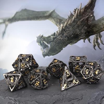 Кубики DND, Полые Металлические Кубики D&D, Набор Кубиков для Dungeons and Dragons с Подарочной Коробкой, Набор из 7 шт. Полиэдральных Кубиков в Стиле Стимпанк для RPG, MTG, Pathfinder, (Дракон