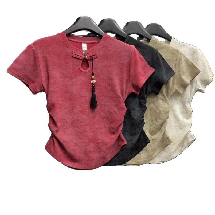 Женская летняя укороченная футболка в стиле ципао: Стойка воротника, Обычная линия плеч, Короткий рукав, Высокая талия, Большой размер, Дерзкий новый китайский стиль