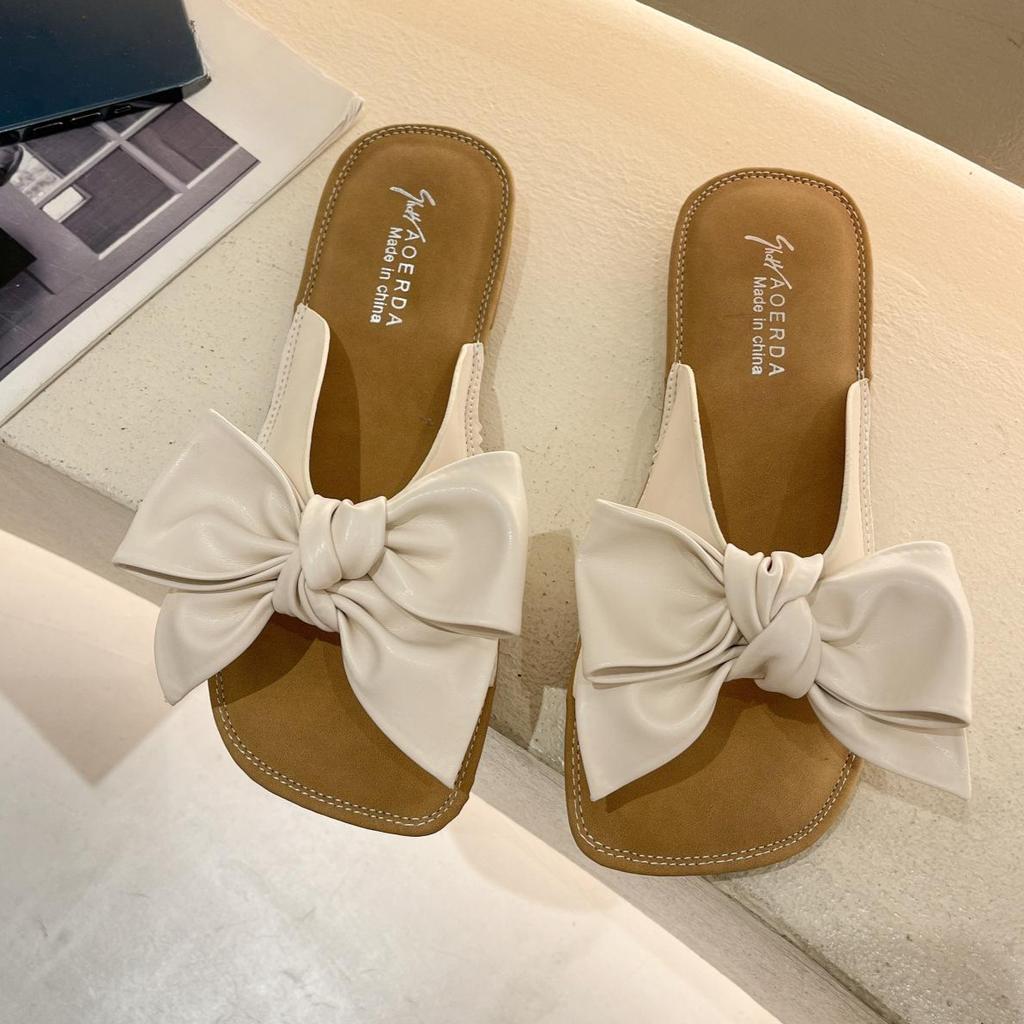 Женские модные тапочки с бантом, симпатичные сандалии с плоским носком и нескользящей подошвой