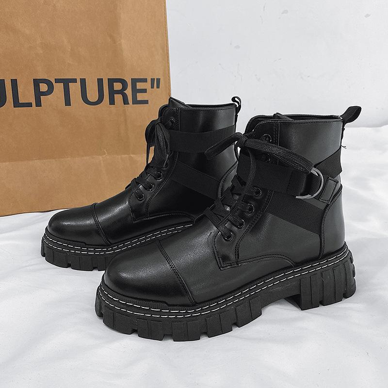 Men Boots 2024 Autumn Thick Soled Lace-up Korean Belt Buckle Comfort High Top Flat Bottom Anti Slip Outdoor British Sports Boots