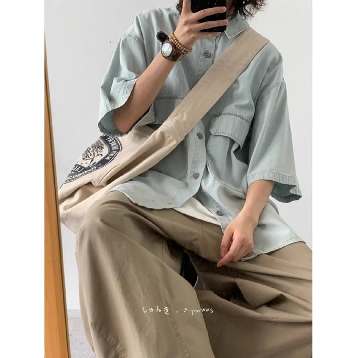 Рубашка с коротким рукавом в стиле ретро из джинсовой ткани, летняя модная мужская и женская марка, японский ретро-тренд с коротким рукавом, классная и свободная рубашка