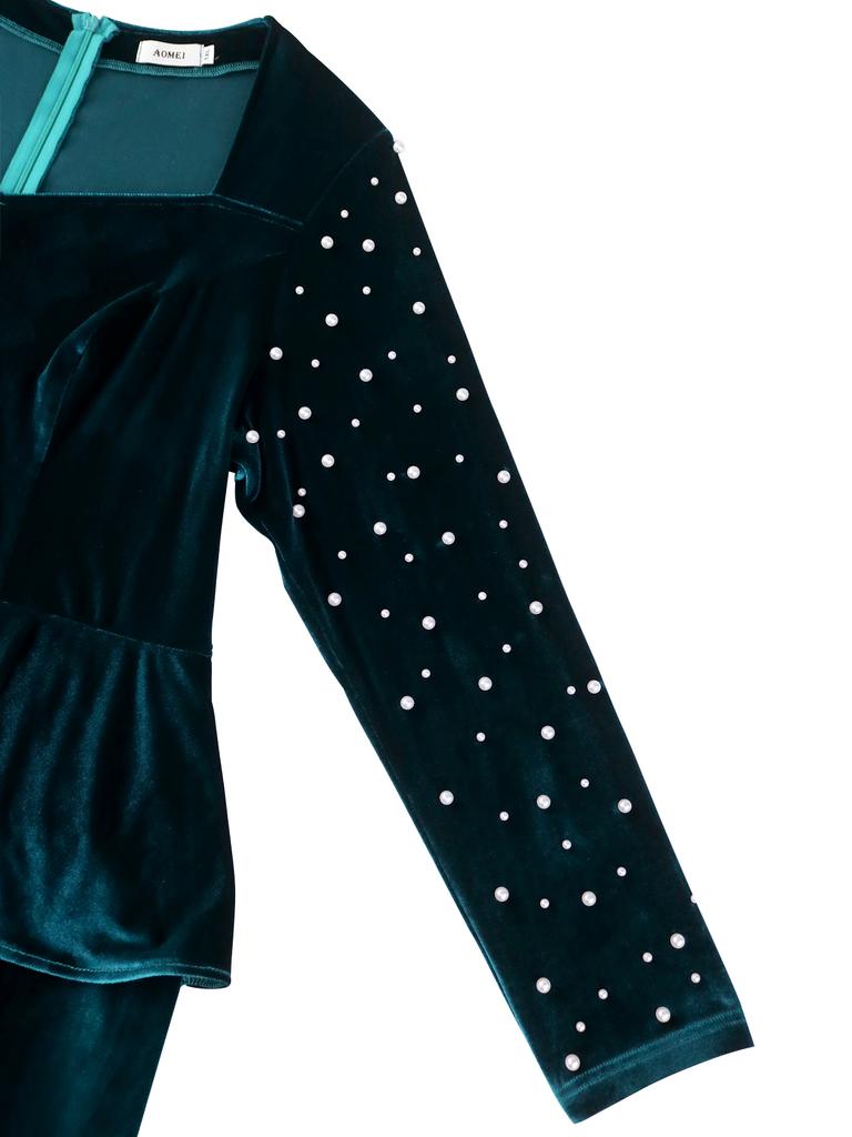 AOMEI Синие бархатные платья миди Sweetheart Ncek с длинными рукавами, украшенными бисером, с высокой талией, с баской, комплект нарядов для бедер