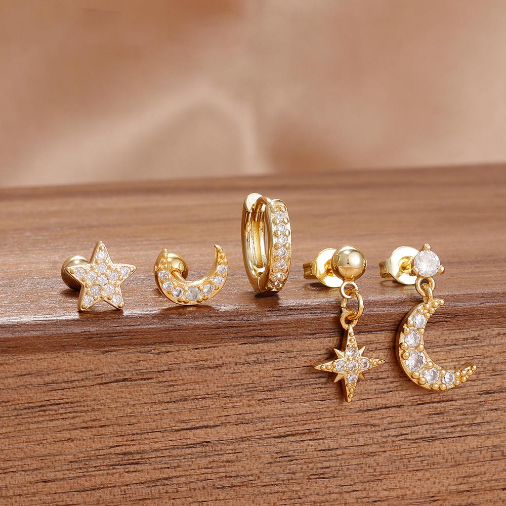 5PCS New Design Gold Color Ear Stud Earring Set For Women Zircon Star Moon Punk Piercing Earrings Helix Tragus Piercing Jewelry