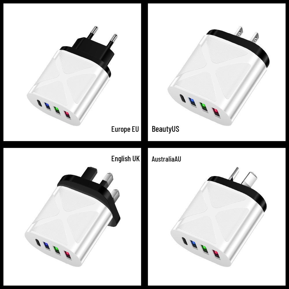 Multi-Port Travel Charger: 3 USB, Type-C, 5V2.4A EU/US/UK Standards
