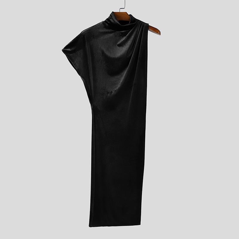 INCERUN Мужской водолазка на одно плечо с блестками, с высоким разрезом, повседневный длинный топ, футболка