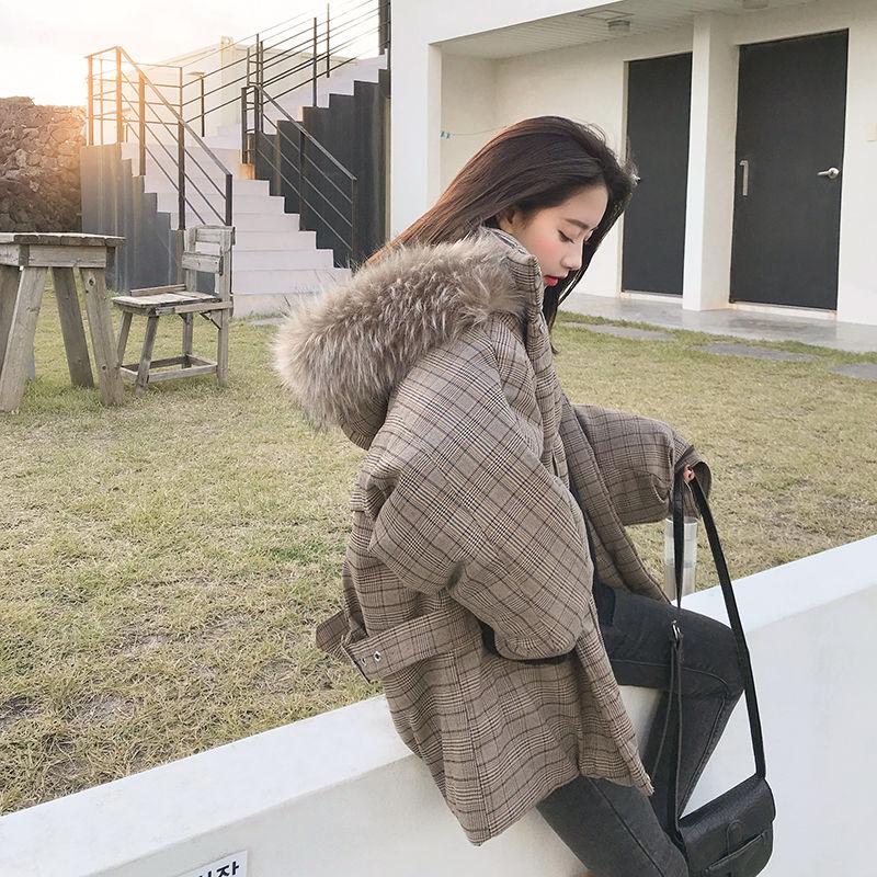 Зимнее женское пальто с большим меховым воротником, клетчатая хлопковая куртка, корейская свободная студенческая утепленная парка, толстая теплая