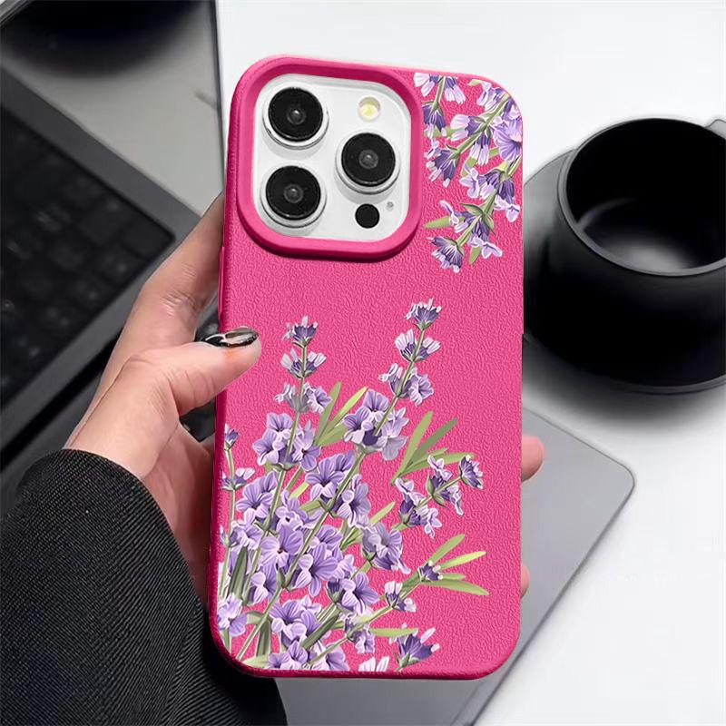 Матовый кожаный противоударный чехол для iPhone 16 Pro Max 15 14 Pro 13 12 11 фиолетовый цветочный узор тонкий мягкий бампер из ТПУ