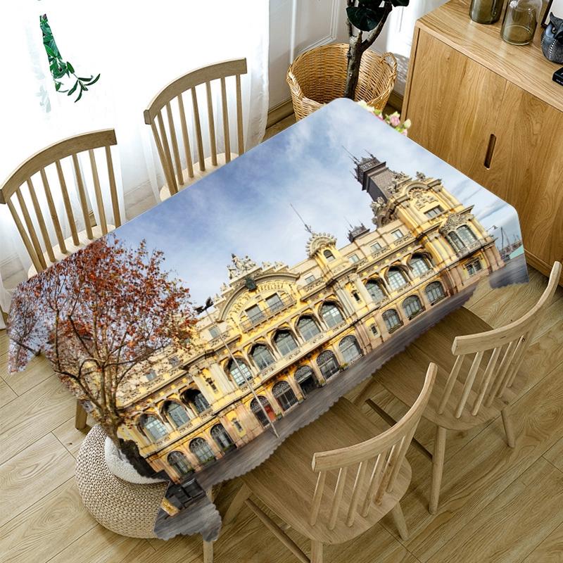 Ancient Castle Building And Fountain Pattern Tablecloth Thicken Cotton Rectangular Round Table Cloth For Wedding Picnic Party