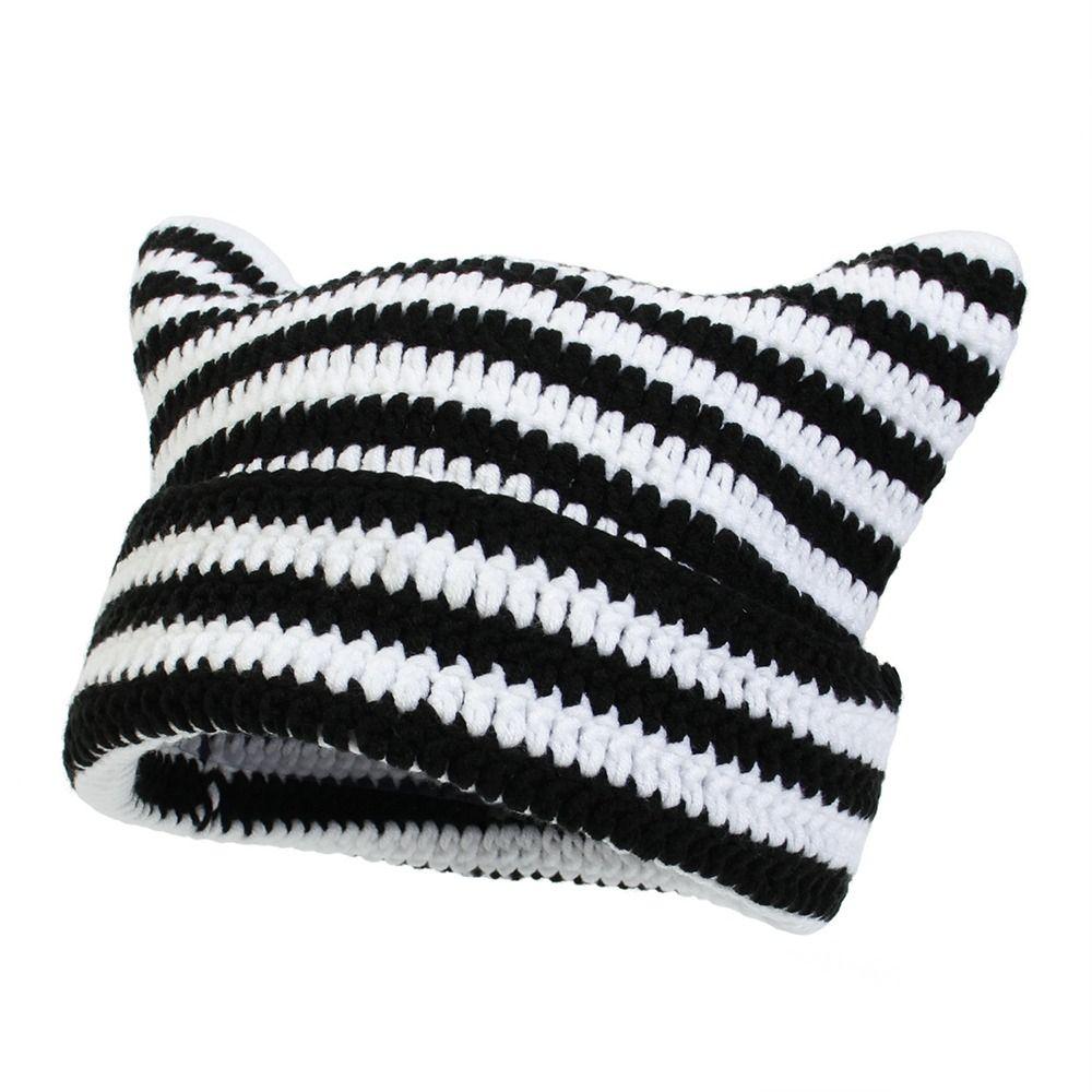 Y2K Harajuku Ins Little Devil Striped Hat Keep Warm Skullies Cap Casual Knitted Wool Cap  Women