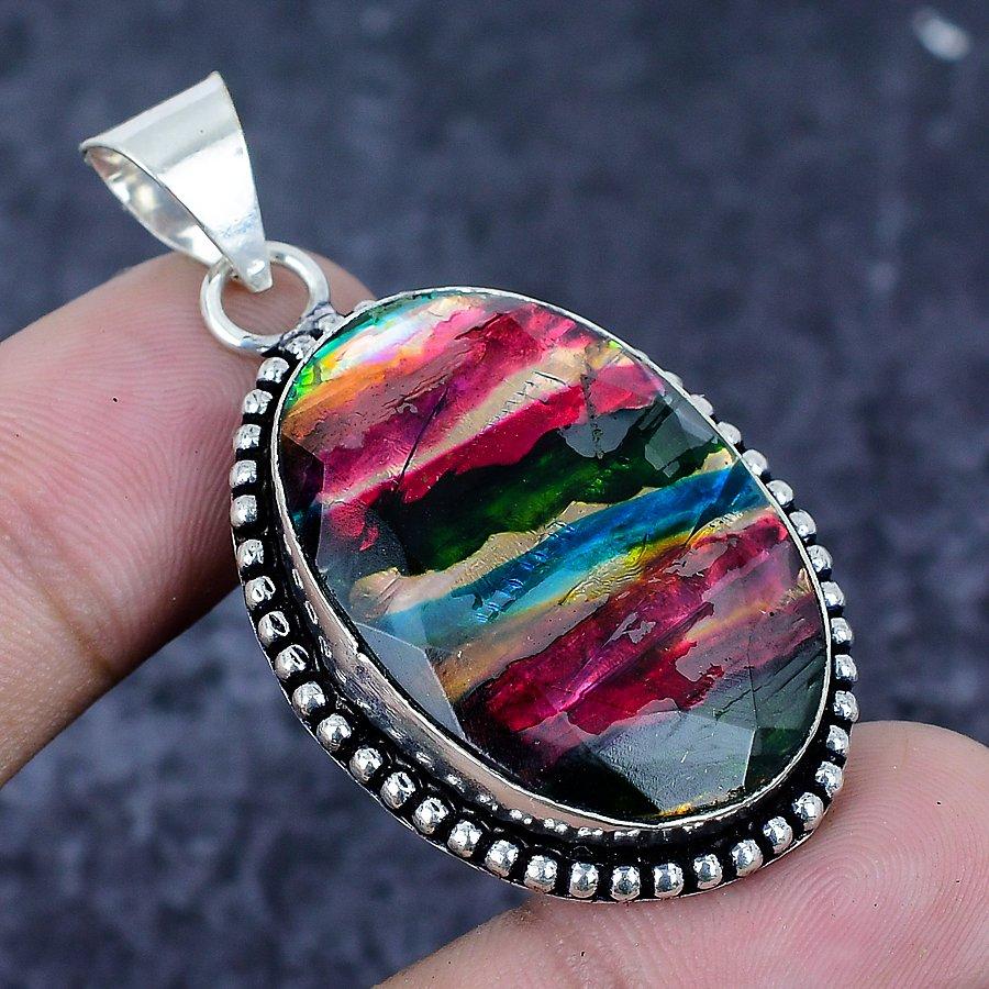Natural Ammolite Gemstone 925 Sterling Silver Jewelry Pendant 2.01" P9K23
