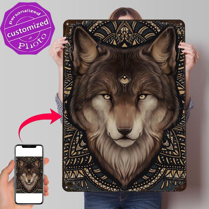 Mandala of the Wolf D Texture Printed Poster Custom Vintage Metal Tin Plate Sign for Wall Art Decoration Home Decor Items House