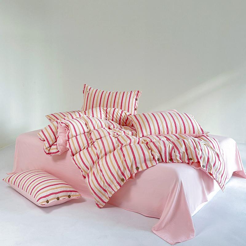 Stripe Bedding Set Plaid Duvet Cover 100% Washed Cotton 4pcs Bedding for Winter Bed with Sheet Pillowcases Home Textiles