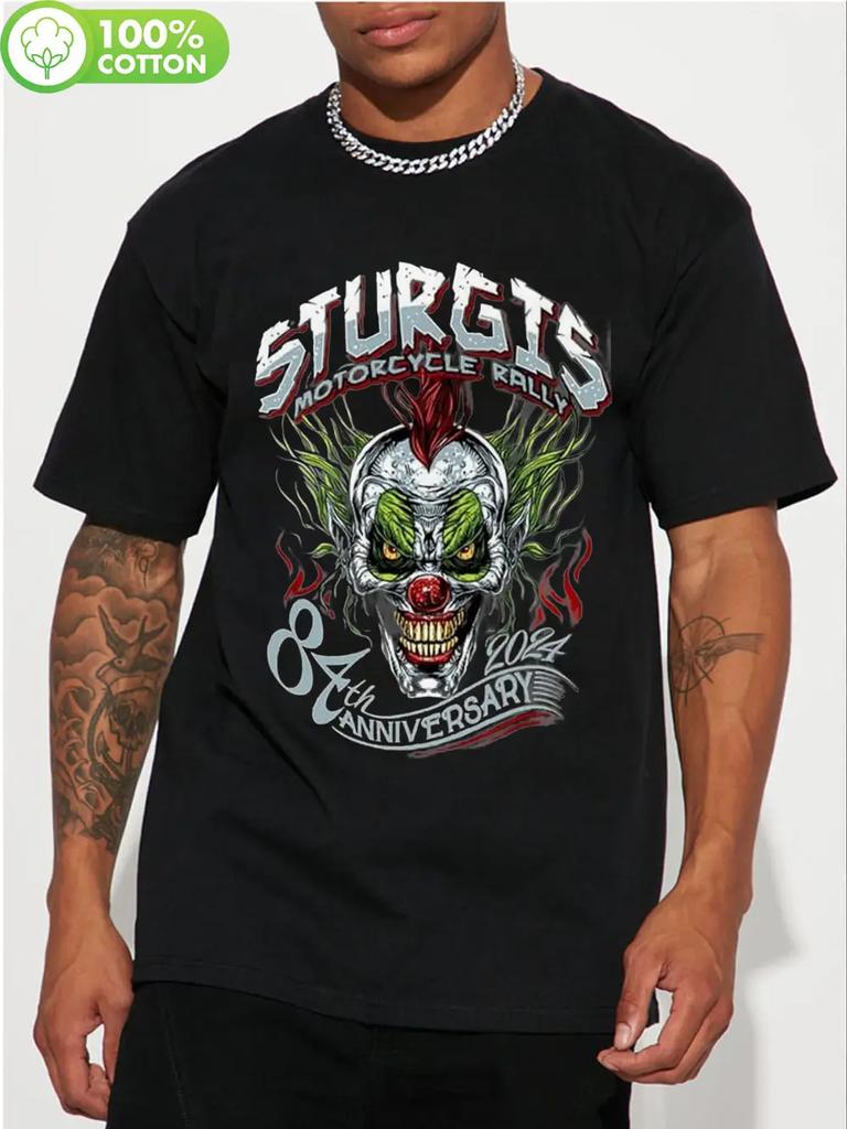 100% Cotton Sturgis Motorcycle Rally Clown T-shirt - Black Casual Crew Neck Short Sleeve Tee with Skull Design