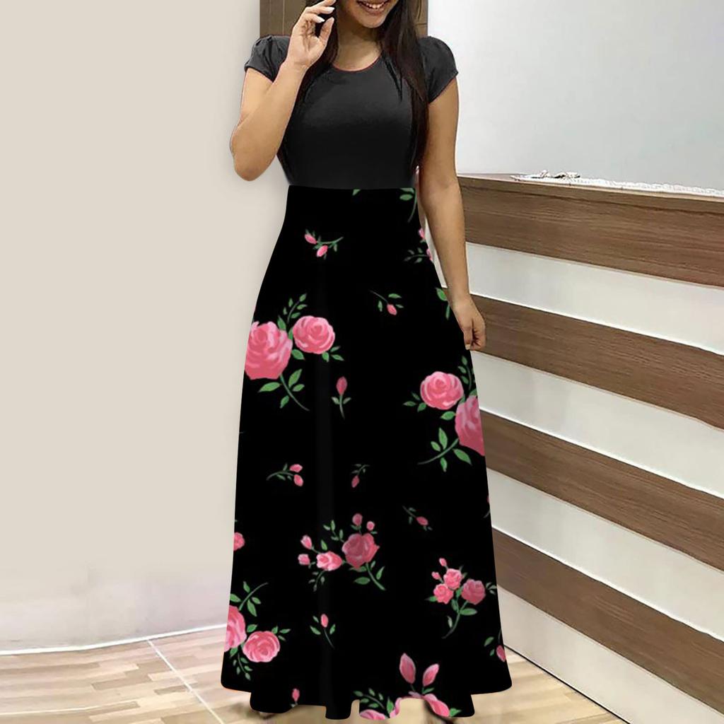 Women's Fashion Casual Loose Printed Round Neck Short Sleeve Long Dresses