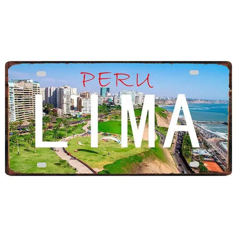 Peru Lima Cusco Car License Pate Retro Rusted  Art Front Vanity Tag Wall Poster Decor for Bar Garage Home Decoration Plaques