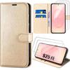 Phone Case - BOOLING - for Samsung Galaxy S25 FE - Shockproof Golden Synthetic Leather - 2 Tempered Glasses