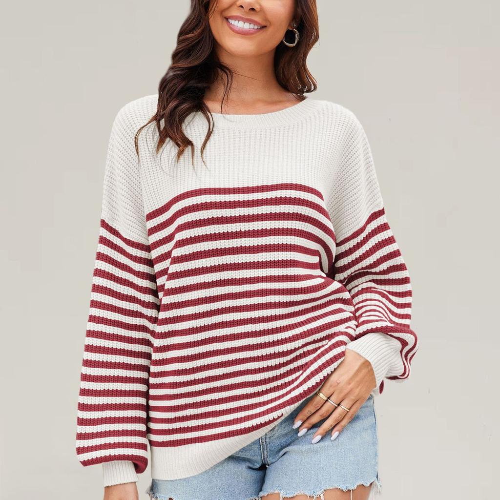 Women's Fashionable Round Neck Striped Knitted Sweater Pullover Sweater Long Sleeved Top