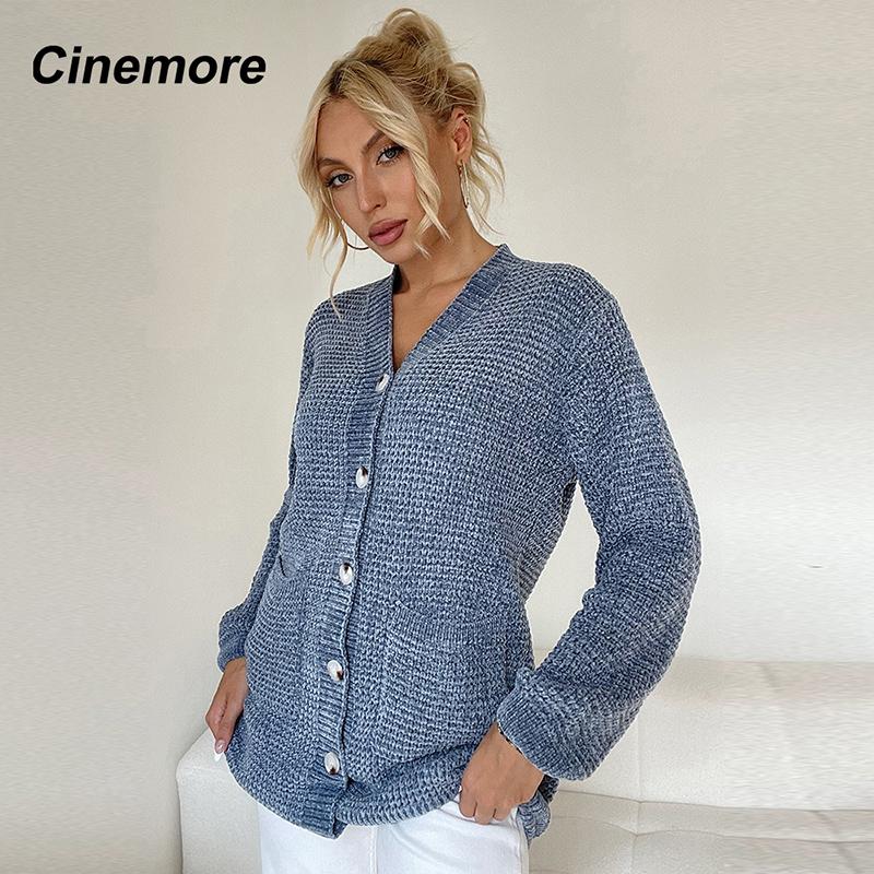 Cinemore Весенне-осенний женский свитер однотонный свободный повседневный открытый карман теплый базовый топ с длинными рукавами и круглым вырезом трикотажная карточка