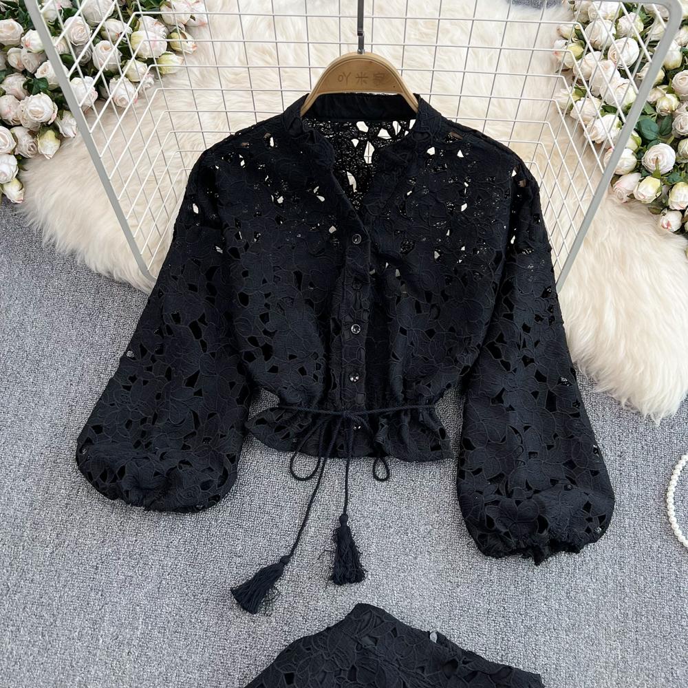 Короткая рубашка в стиле ретро с v-образным вырезом и полой вышивкой, рукавами-фонариками, женская цельная юбка трапециевидной формы с высокой талией, состоящая из двух частей