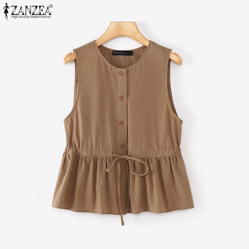 ZANZEA Женские летние рубашки с круглым вырезом без рукавов на завязках