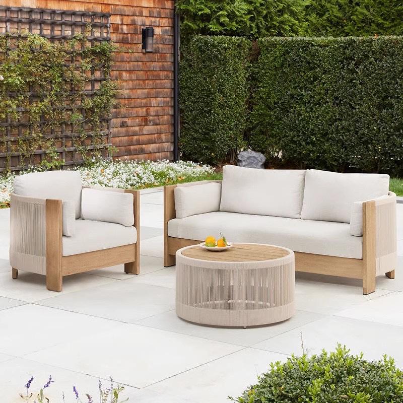 Teak Rattan Outdoor Sofa Set: Waterproof, Sun-Protected, Solid Wood & Woven Rattan for Courtyard, Balcony, Villa, or Terrace Leisure.