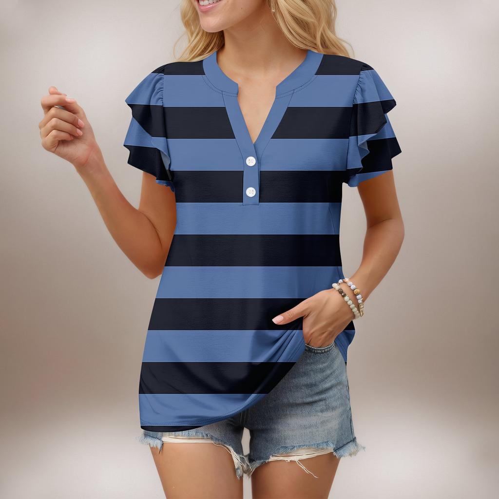 Женский повседневный топ с короткими рукавами и V-образным вырезом, с оборками и градиентом