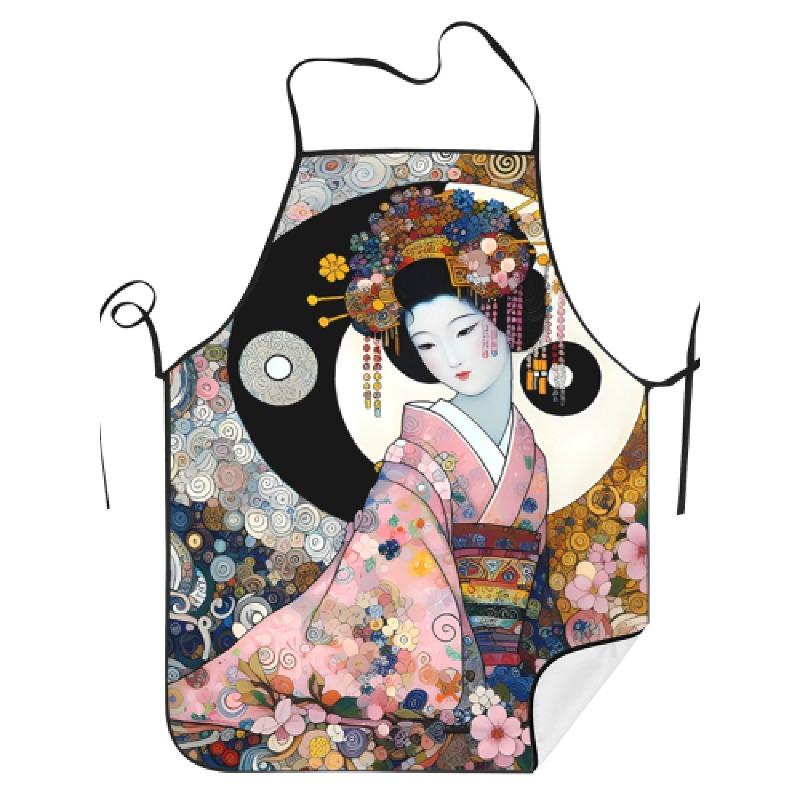 1pc BBQ Apron Featuring A Vintage Japanese Geisha Design, Made From 100% Polyester Fabric With A Slight Stretch. This Patterned