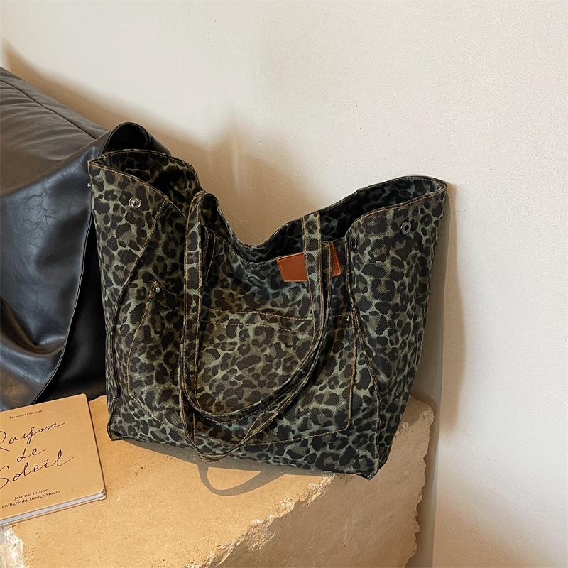 Сумка-тоут с леопардовым узором, винтажная холщовая сумка на плечо, модная большая вместительная сумка для школы, работы, шопинга