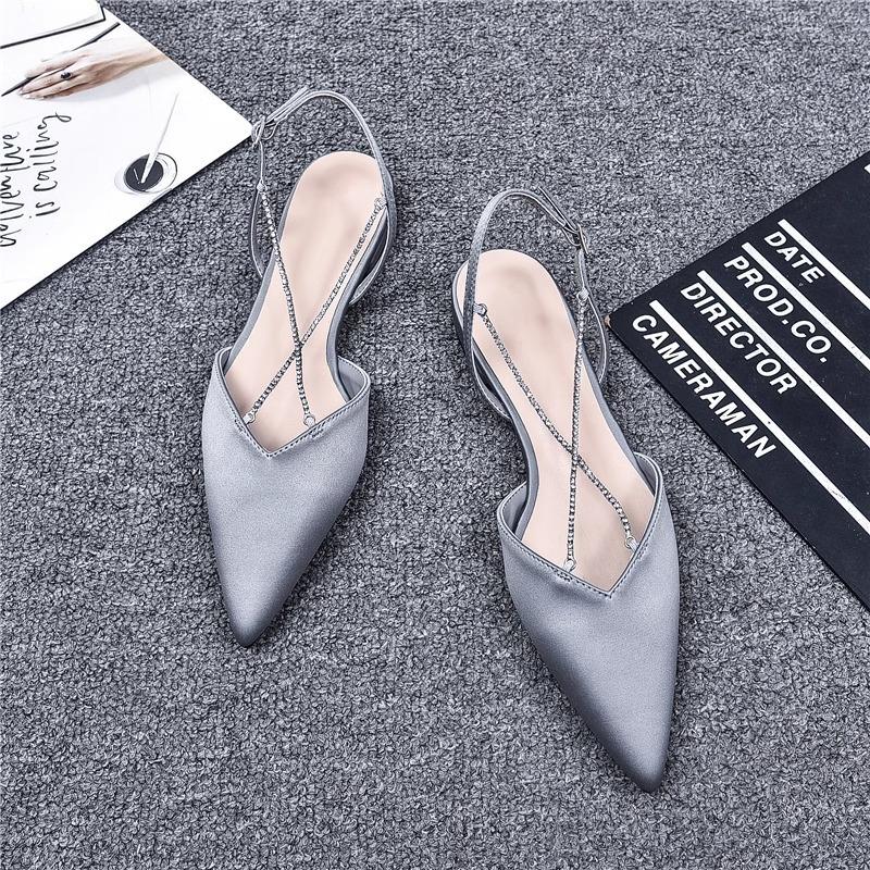 Flat Shoes Pointed Rhinestone Chain Rear Low Heel Sandals Fashion Bag Head Single Shoes