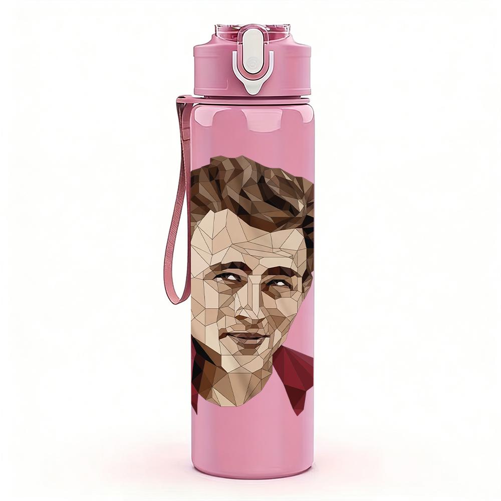 1PC Retro young male actor portrait print 750ml colorful plastic sports water bottle leakproof pop up lid with straw for outdoor work home use