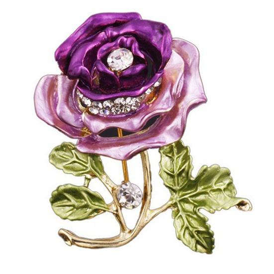 Rose Flower Brooch Green Leaves Rhinestone Oil-Dripping Vintage Sparkling Gift Elegant Business Suit