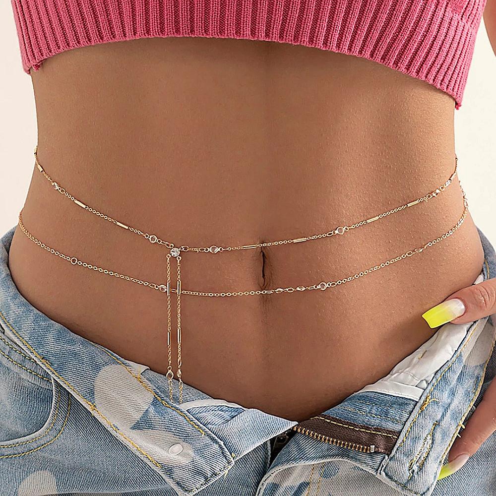 BEPAN Hip Hop Fashion Metal Double Layer Chain Sexy Pants Chain Body Chain Imitation Crystal Fashion Sexy Adjustable Waist Chain