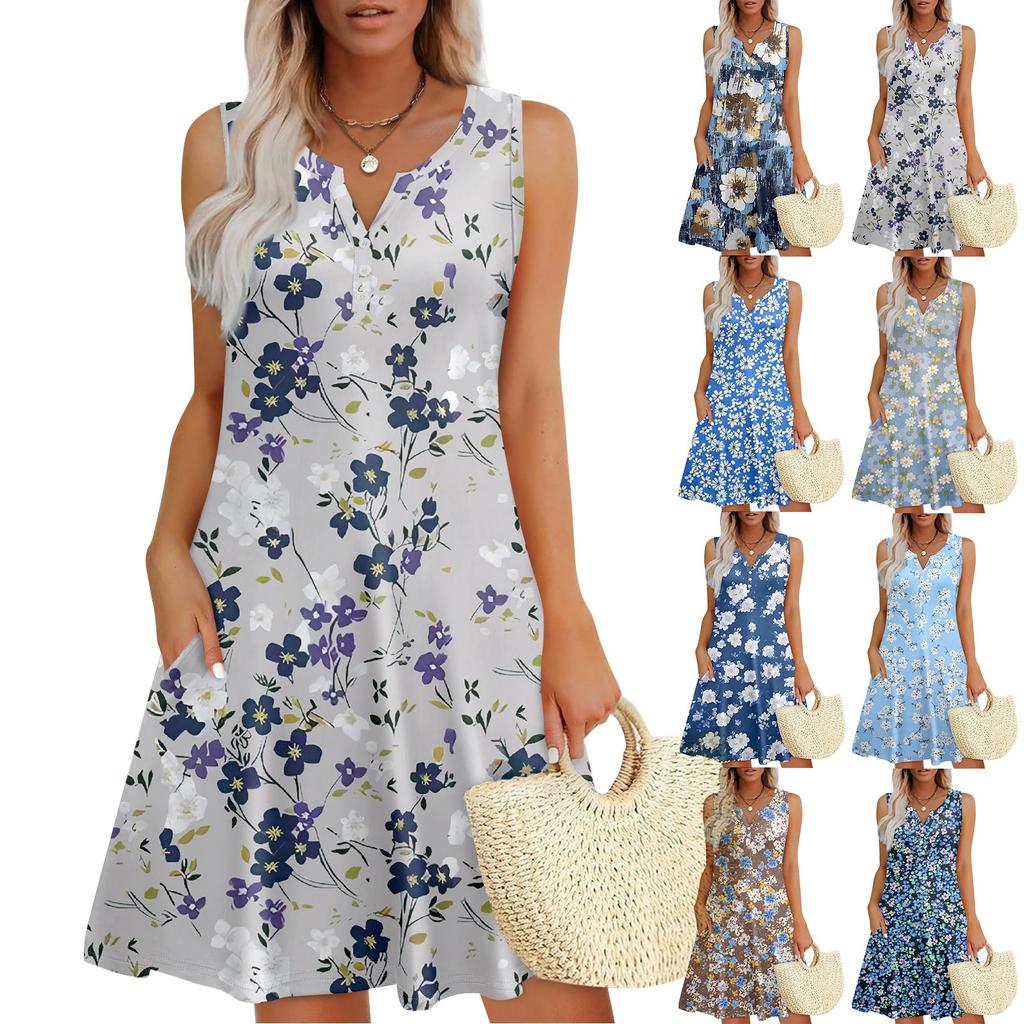 Женские летние платья Свободные сарафаны без рукавов с V-образным вырезом Платье с карманами
