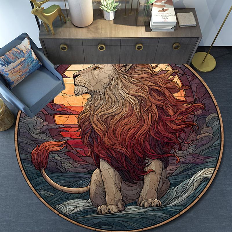 Lion Artwork Round Area Rug,Carpet Rug for Living Room Bedroom Sofa Playroom Decor,Non-slip Floor Mat