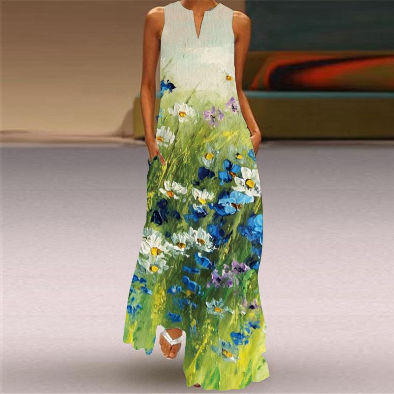 QICED Summer Women's Sleeveless Long V-Neck Printed Jade Flower Dresses