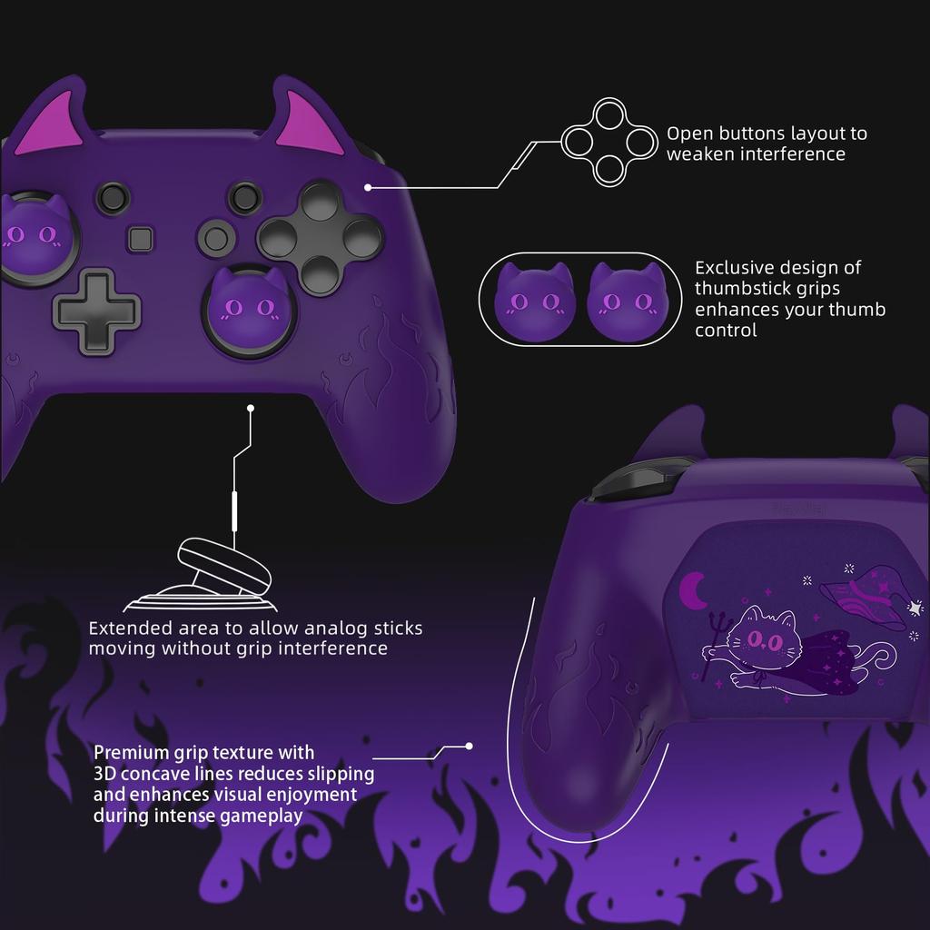 PlayVital Cute Demon Silicone Grip Cover for Nintendo Switch Pro Controller Joystick Cap and Sticker Seal Included [Purple]