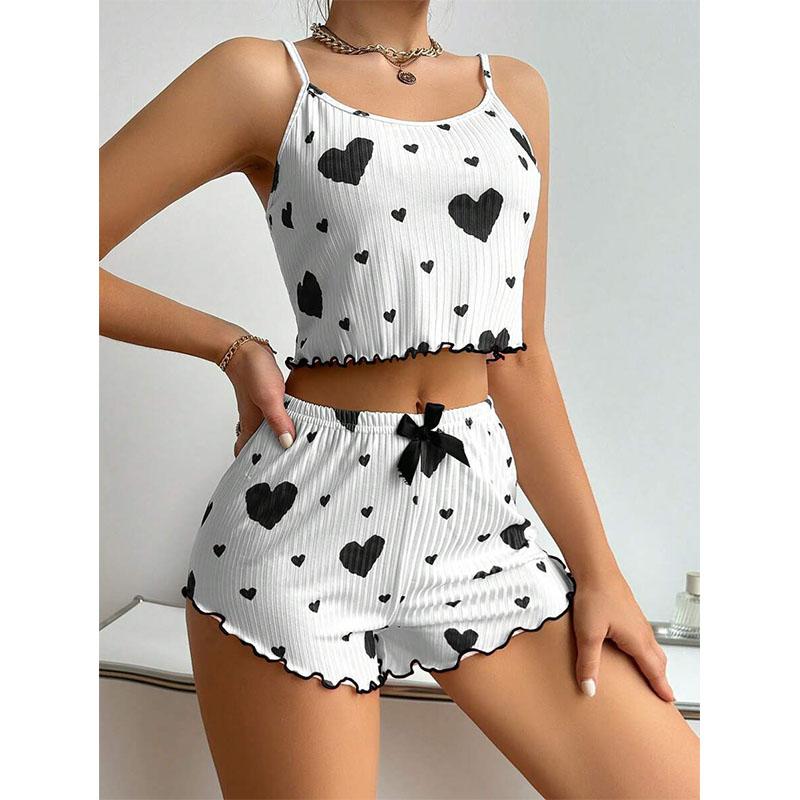 Women's Pajamas Set Sleepwear 2 PCS Short Tank Tops And Shorts White Ventilate Soft Casual Love Printing