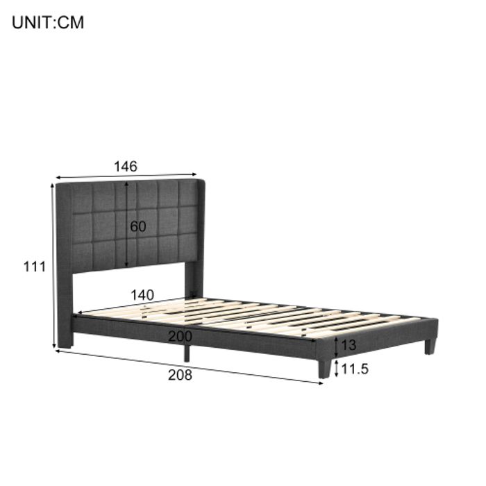 Lit rembourré - MUVOE - 140x200 cm - Lin gris - Matelas à ressorts inclus - Design intemporel