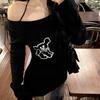 2KWEIRD Skinny Sexy Off Shoulder Black T Shirt Women Y2k Vintage Long Sleeve Tee Femme Slim Streetwear Ladies Halter Tops Chic
