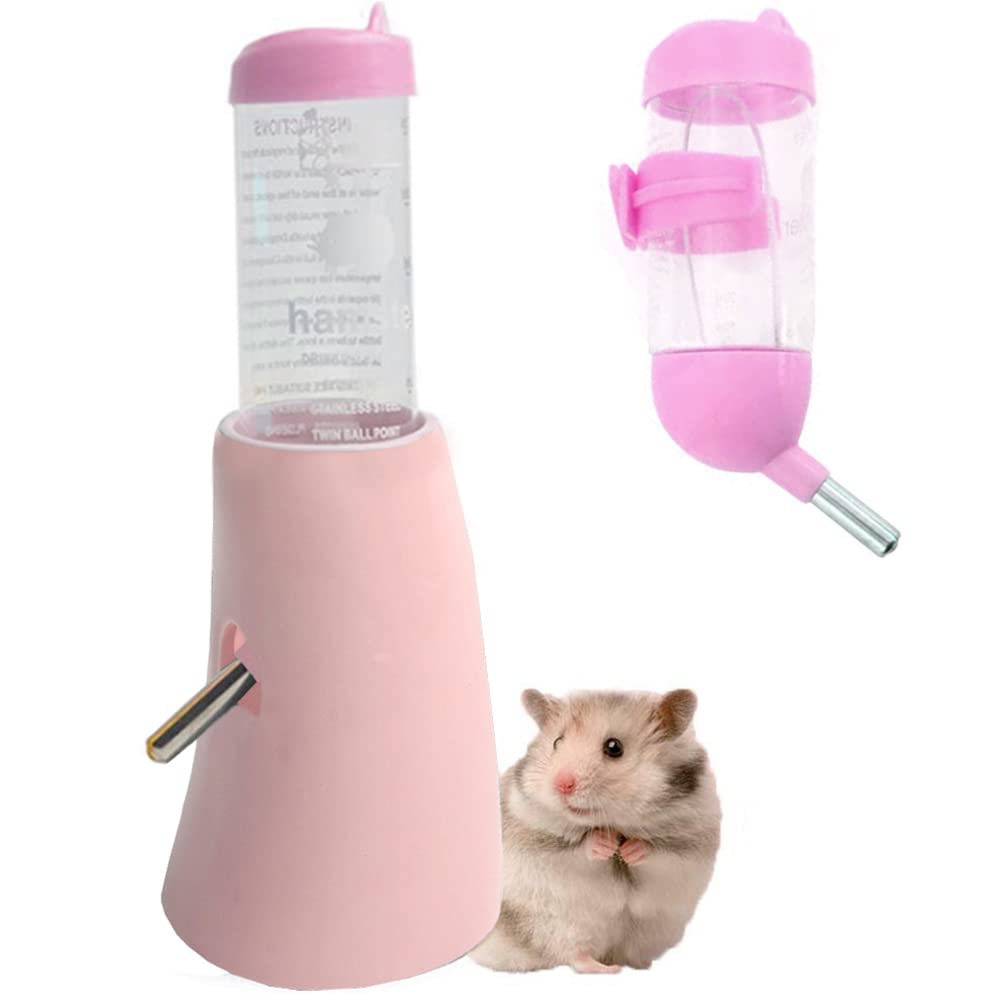 Hamster Squirrel Hedgehog Drinking Bottle Automatic Waterer Ceramic Base Tank Bottle Roll Ball Water Leak Prevention Small Animal Water Bottle (Pink)