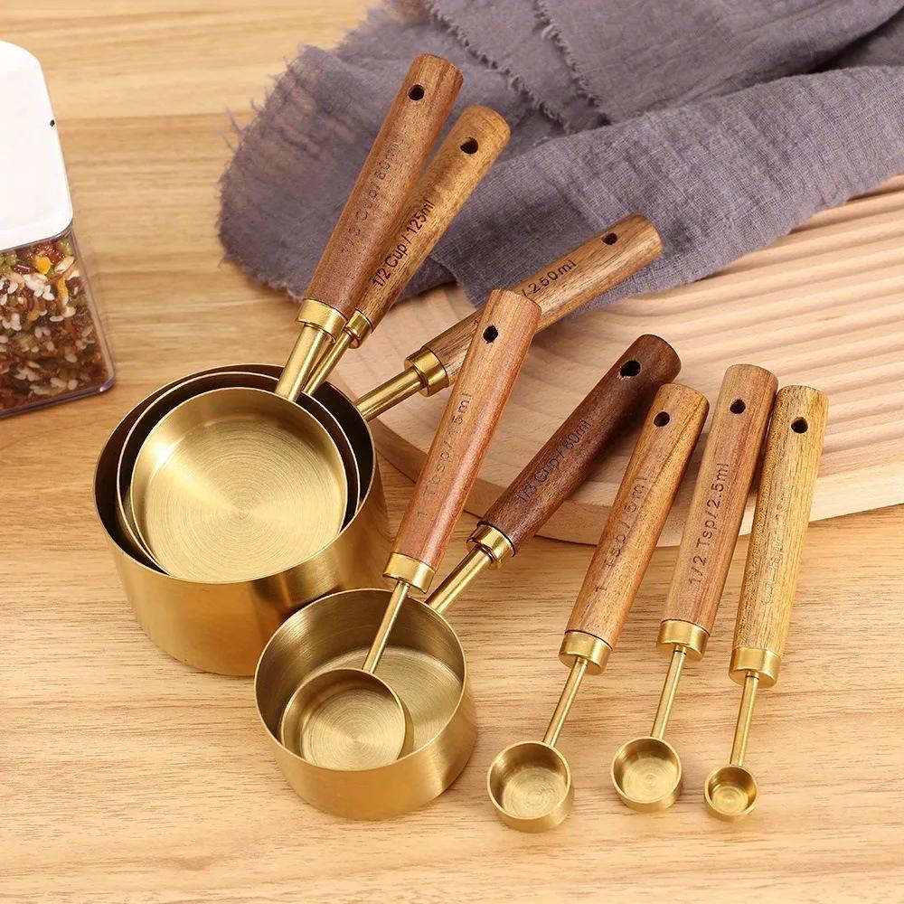 8-Piece Measuring Cup and Spoon Set with Wooden Handles Stainless Steel Measuring Cup Baking Tools Coffee Measuring Spoon Set