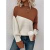 Womens Block Funnel Neck Pullover Sweater Soft High Elasticity Acrylic Knit Fabric Long Sleeve Drop Shoulder Design Perfect for Fall and Winter