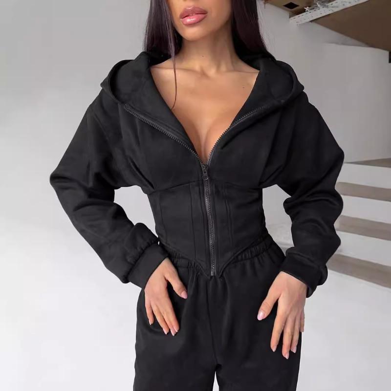 Укороченная куртка в европейском и американском стиле для горячих девушек с поясом-рыбьей косточкой и утягивающей толстовкой на молнии