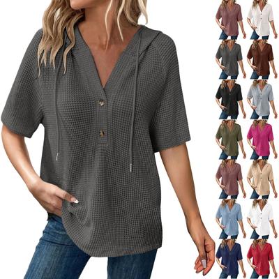 Женская мода с коротким рукавом и капюшоном на пуговицах с V-образным вырезом, повседневная толстовка с капюшоном