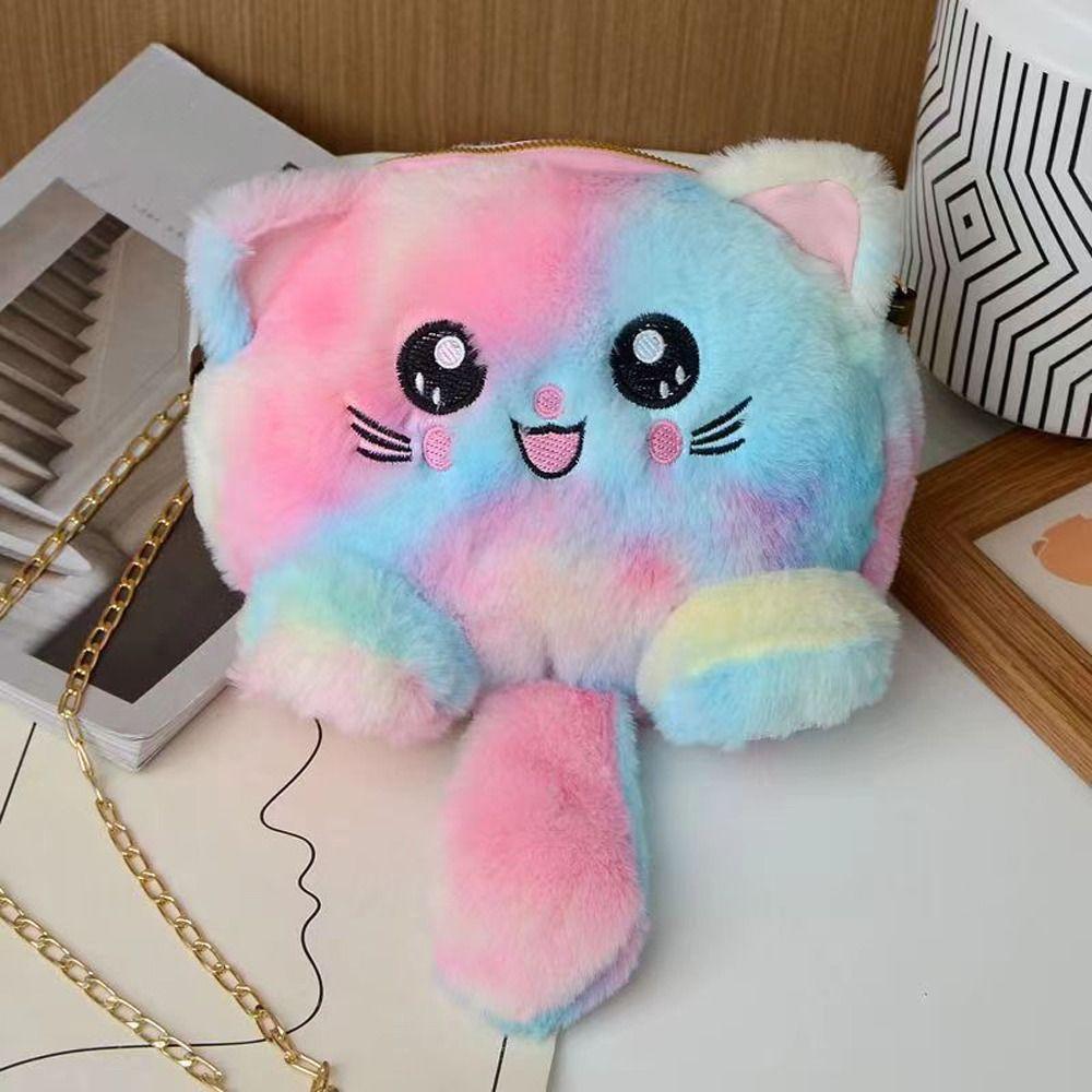 Rainbow Cat Shoulder Bag Faux Fur Stuffed Doll Bag Portable Plush Crossbody Bag  Streetwear