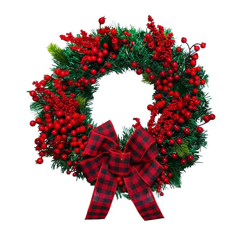 Cross-border Red & Black Plaid Christmas Wreath with Bow & Artificial Berries - Country Style Door Decor