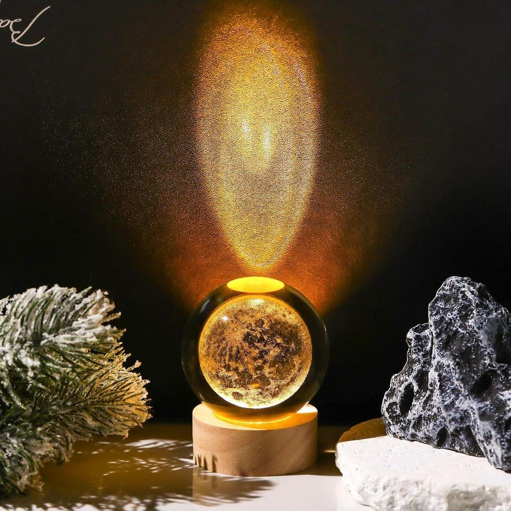 New Moon Crystal Night Light Decorative Quartz Glass Ball Bedroom Table Light, Engraved Model Astronomy Décor, Universe Gift