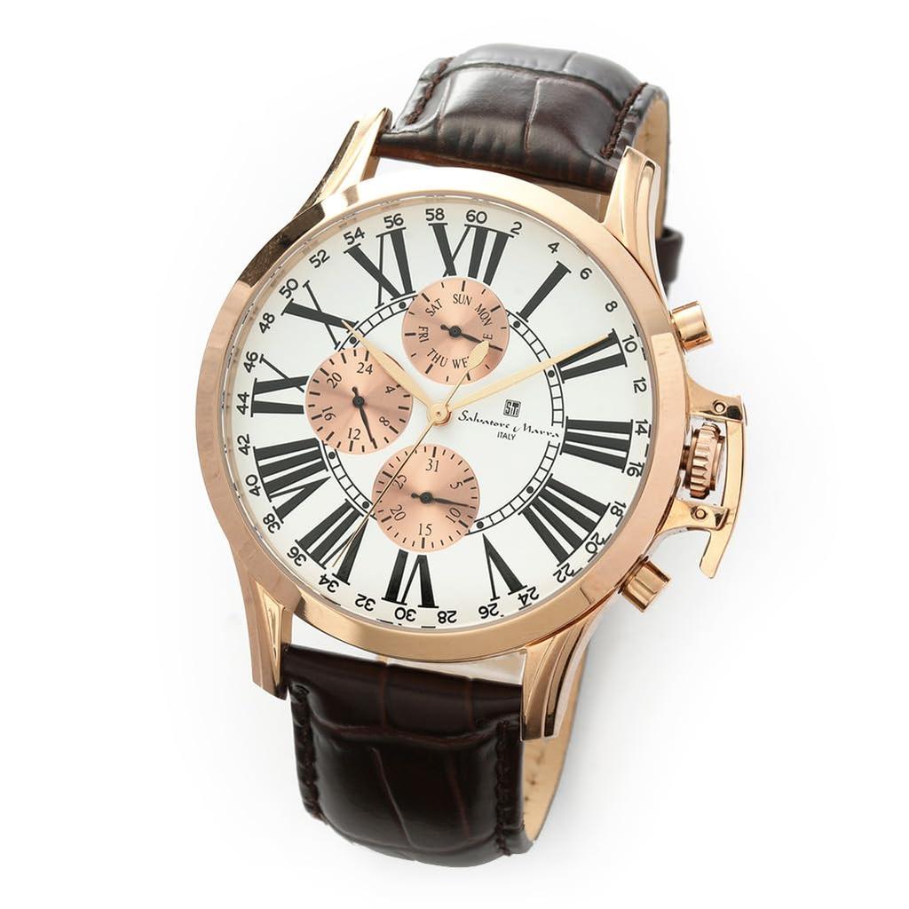 Authentic Salvatore Marra Wristwatch Water Date and Day Leather PGWH SM23101-PGWH, Resistant, Display, Strap,