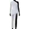 Women's Winter Long Sleeve Splicing Gauze Low Waist Pullover Solid Color Long Dress