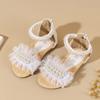 Girls Princess Sandals with Mesh Pearl Kids Summer Flat Shoes with Back Zip Girls Beach Shoes for Vacation Soft Sole Comfortable